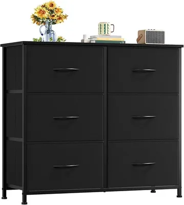 Produktbild von Kommode mit Schubladen aus Stoff, Komodenschrank, Kommode für Schlafzimmer Wohnzimmer Flur, Schubladenschrank Aufbewahrungsschrank Stoffkommode, 6 Stoffschubladen, Schwarz