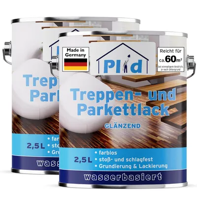 Produktbild von PLID® Treppen- & Parkett Lack - Klarlack - 5L für ca. 60 m² - Farblos Glänzend / zum Versiegeln von Kork-, Parkett & Holzfußböden, Holztreppen