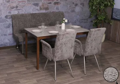 Obrázok produktu pre Jedálenský set HWC-G55, sada 2 stoličiek s podrúčkami + lavica 160 cm, brúsená nerezová oceľ látka/textilný šenil ~ tmavosivá