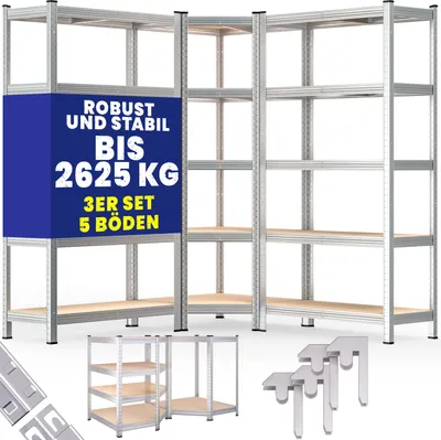 Produktbild von MONZANA® 3er Set Schwerlastregal Eckregal 2625 kg 15 MDF-Platten Regal Lagerregal Kellerregal Steckregal Werkstattregal