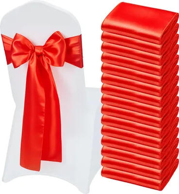 Zdjęcie produktu dla VEVOR Satynowe szarfy na krzesła z kokardami (275x17 cm) 50 szt. wstążki na krzesła do wiązania, wstążki na krzesła na wesela imprezy bankietowe dekoracje imprezy bankietowe pokrowce na krzesła, kokardy na krzesła czerwone