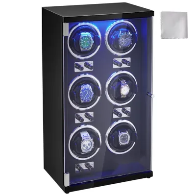 Produktbild von Uhrenbeweger - Automatischer Uhrenbeweger für 6 Automatikuhren - LED Beleuchtung - Einstellbare Riemenlänge 150–207 mm.