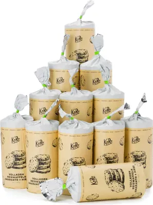A pyramid-like stack of individually wrapped packages of rice cakes.