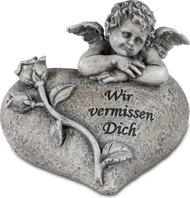 Produktbild von Grabdeko Herz mit Engel und Rose 10cm grau Formano Trauerdekoration WA