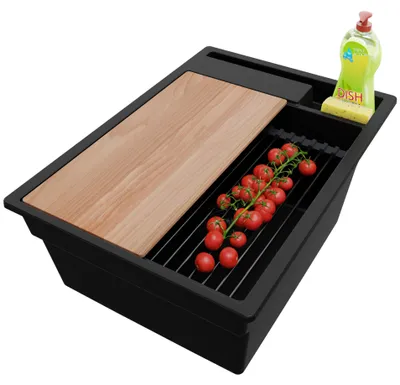 Produktbild von PRIMAGRAN Spülbecken Alles Schwarz 38x53cm, Granitspüle 1 Becken + Ablauf-Set + Küchenzubehörset, Küchenspüle ab 40er Unterschrank - Oslo Pocket