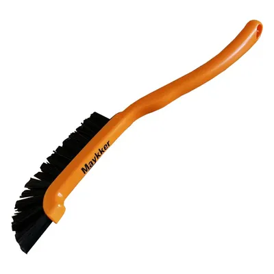A cleaning brush with an orange handle and black bristles, isolated on a white background.