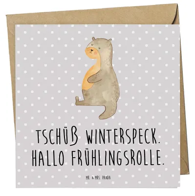 Produktbild von Mr. & Mrs. Panda Grußkarte Otter Bauch - Grau Pastell - Geschenk, Klappkarte, anlasskarte, Glückwunschkarte, Winterspeck, dick, Sportmuffel, Seeotter See, faltkarte