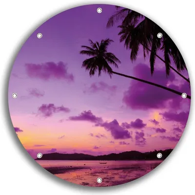 Produktbild von Wallario rundes Outdoor-Poster für Garten oder Balkon, Motiv Sonnenuntergang unter Palmen  Himmel in lila und orange, 30 cm Durchmesser