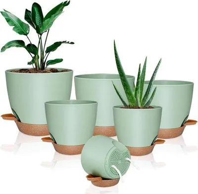 Obrázek produktu pro Vázy s automatickým zavlažováním – sada 6 plastových váz – 13/14/15/16/18/20 cm – vázy s odtokovými otvory – pro pokojové rostliny, sukulenty a kaktusy