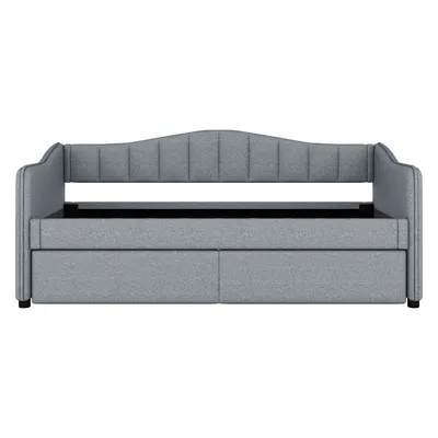 Produktbild von Flieks Polsterbett 90x200cm mit Ausziehbett, Schlafsofa Tagesbett mit LED, Sofabett Funktionsbett Jugendbett Gästebett, Leinen, Grau