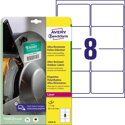 Produktbild von Avery Zweckform L7914-10 Ultra-Resistente Folien-Etiketten, 99,1 x 67,7 mm, 10 Bogen/80 Etiketten, weiß