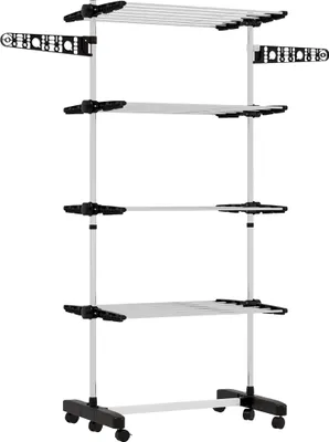 Image de HOMCOM Séchoir à linge pliable étendoir linge intérieur et extérieur seche linge etendoir réglable en acier inoxydable à 4 niveaux avec 2 ailes latérales et 6 roulettes 142 x 55 x 172 cm noir