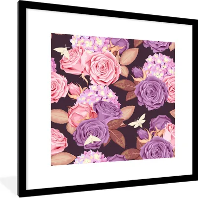 Produktbild von MuchoWow® Gerahmtes Poster Blumen - Schmetterlinge - Rosa - Lila 40x40 cm - Poster mit Schwarzem Bilderrahmen Wandposter Rahmen Foto Bilder - Poster - Plakat im Rahmen