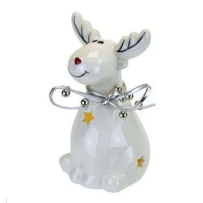 Produktbild von Keramik-Rentier mit LED-Licht und Schleife 11,5 cm