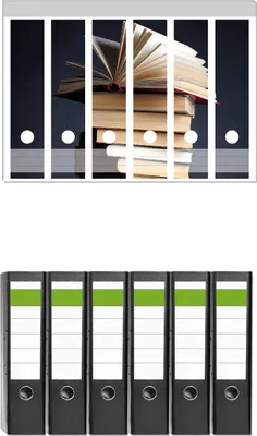 Produktbild von Wallario 6 Stück breite Ordner inkl. Klebeetiketten mit Motive Bücherstapel -  Set mit Rückenschildern / Ordnerrücken Stickern