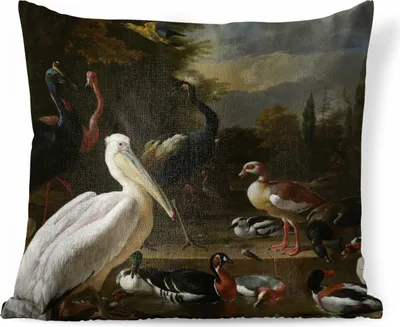 Produktbild von MuchoWow® Zierkissen Sofakissen Wohnzimmer Dekokissen 50x50 cm Ein Pelikan und andere Vögel in der Nähe eines Wasserbeckens - Melchior d'Hondecoeter - Komfort - Sofakissen