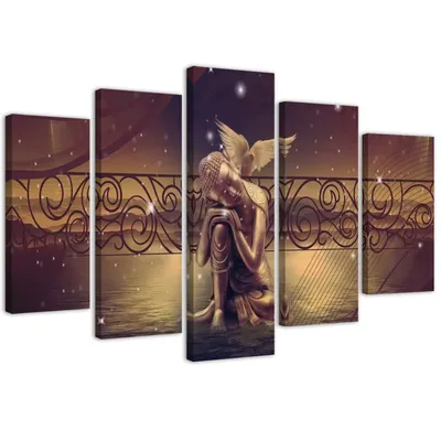 Produktbild von 5-teiliges leinwandbild goldener buddha 200x100 cm Feeby braun wandbild bereit zum aufhängen