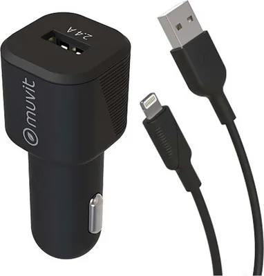 Obrázok produktu pre Muvit, nabíjačka do auta 12 W 2,4 A s káblom blesk-USB 1,2 m, čierna