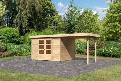 Produktbild von Karibu Gartenhaus Gerätehaus Askola 5 im Set mit Anbaudach 2,40 m Breite naturbelassen 522x246x211 cm