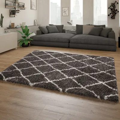 Produktbild von Teppich Grau Wohnzimmer Weich Kuschelig Rauten Muster Shaggy Flokati Hochflor Grösse 60x90 cm