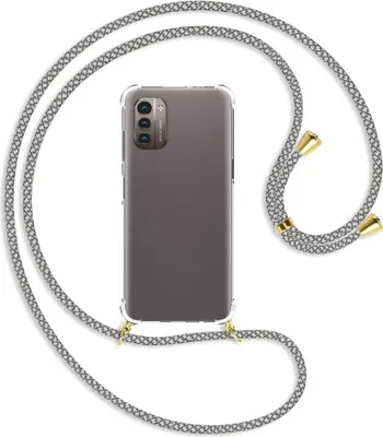 Produktbild von Handykette Backcover-Schutzhülle mit Band (Metall goldfarben) für Nokia G11 / G21 - weiß/grau kariert