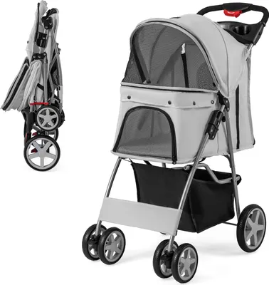 Produktbild von GOPLUS Haustierwagen, Klappbarer Katzen- & Hundebuggy mit Korb & Ablage, Verstellbarem Verdeck, Geländegängigen EVA-Rädern, Grau