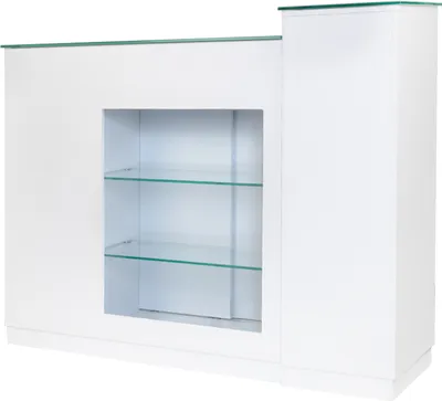 A white reception desk with glass shelves.