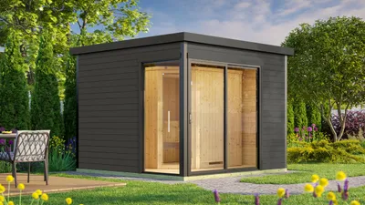 Productafbeelding van Saunahuis Weka 412, inclusief 9 kW oven en geïntegreerde bediening, met een grafietkleurige, volledig glazen deur, in grafietgrijs