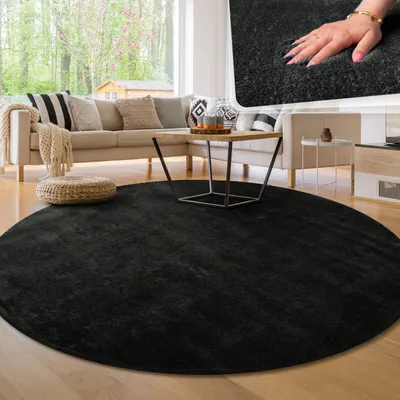 Produktbild von Moderner Wohnzimmer Teppich Kurzflor Waschbar Weich Einfarbig Felloptik Anti-Rutsch Grösse 160 cm Rund
