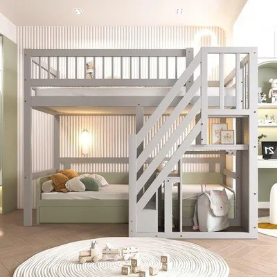 Immagine prodotto di Letto per bambini in legno - Letti a castello salvaspazio per bambini - con ripiano portaoggetti - 90x200 cm - Grigio