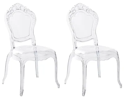Produktbild von BELIANI Esszimmerstuhl 2er Set Transparent Kunststoff mit Rückenlehne ohne Armlehnen Barock Design Stuhlset Plastikstuhl Küchenstuhl Kunststoffstuhl