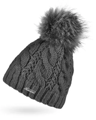 Produktbild von Damen Strick-Mütze gefüttert mit Fleece Grobstrick Zopfmuster Fell-Bommel Kunstfell Bommelmütze Neverless® dunkelgrau