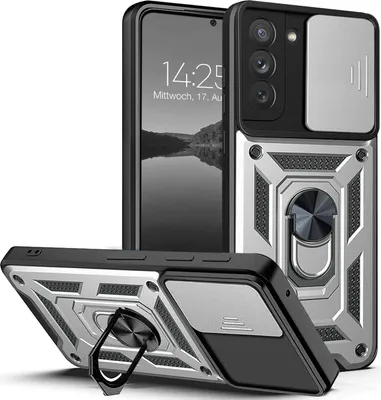 A phone case with a ring holder and camera cover is displayed.