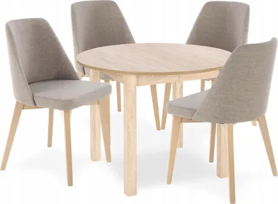Produktbild von Esstisch mit 4 Stühlen - Runder Ausziehbarer Tisch - 102-142 cm Durchmesser - Aus Holz - 5-teiliges Set - Essgruppe - Sitzgruppe - Braune Stühle