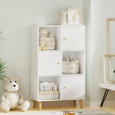 Produktbild von Bücherregal,Bücherschrank Standregal,Würfelregal Mit 6 Fächern und 3 Türen, Moderner Stil Aufbewahrungsregal,Lagerregal Weiß, 64.5x30x109.5cm