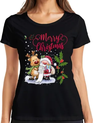 Produktbild von Merry Christmas Santa Rentier Wunschliste Mistelzweig - Weihnachten Weihnachtsgeschenk Damen T-Shirt, Schwarz, XXL