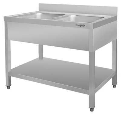 Zdjęcie produktu dla Gastronomiczny zlewozmywak zlew ze stali nierdzewnej 2-komorowy przyścienny z półką Mega-M 100x60x85 cm