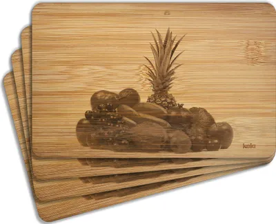 Produktbild von Wallario Frühstücksbrettchen 4er Set aus Holz, je 22 x 14 cm, Motiv Gemischtes Obst aus aller Welt - Exotische Obstsammlung