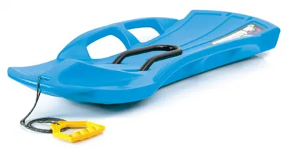 A blue plastic sled with black handles and a yellow pull handle on a white background.