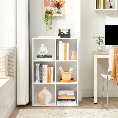 Obrázek produktu pro VASAGLE Regál se 6 přihrádkami bílý Dřevěný regál 65,5 x 97,5 x 30 cm volně stojící úzký a stabilní regál Cube bílý LBC203D
