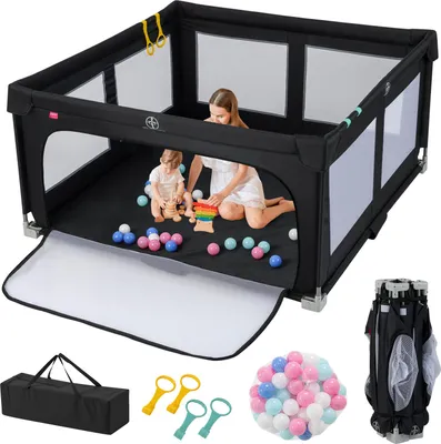 Zdjęcie produktu dla COSTWAY 150 x 150 cm składany kojec dla dziecka, kojec z 50 piłeczkami, 4 uchwyty, zamek błyskawiczny, oddychająca siatka i torba do przenoszenia, bramka do raczkowania, czarny