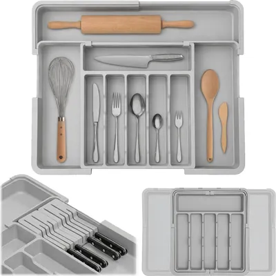 Produktbild von WELLHAUS – Ausziehbare, verstellbare Besteck- und Küchen­schubladen-Organizer – flexibles Raum­wunder für Ihre Küche (Grau, 33 x 37 cm -> 56 x 48 cm)