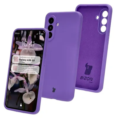 A purple phone case is shown from multiple angles, with one phone displaying notifications.