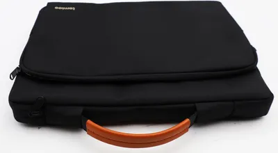 A black laptop bag with a brown handle is shown against a white background.