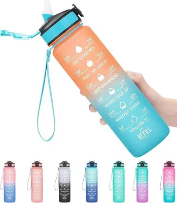 Produktbild von Famanu Wasserflasche BPA-frei mit Strohhalm - 1 Liter mit Zeitmarkierungen