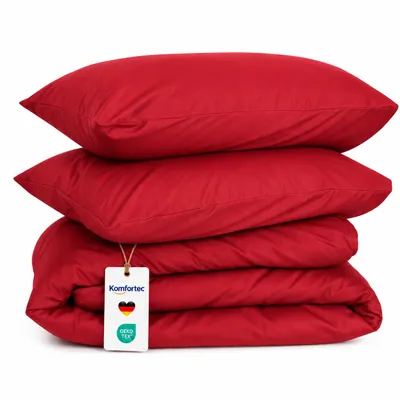 Produktbild von Komfortec Premium Bettwäsche 155x200 cm Bettbezug + 40x80 cm 2 Kissenbezüge, gebürstet 100% Polyester-Mikrofaser 120 g/m², 3teiliges Superweiches Bettwäsche-Set, Rot, KI-generiertes Bild