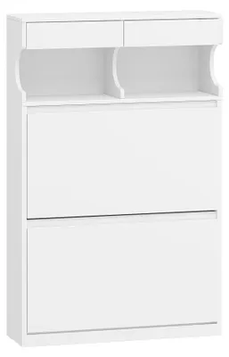 Image de Meuble à chaussures - Meuble étroit à chaussures avec 2 abattants - 4 étagères réglables - Pour environ 16 paires de chaussures - Couloir et entrée - Blanc