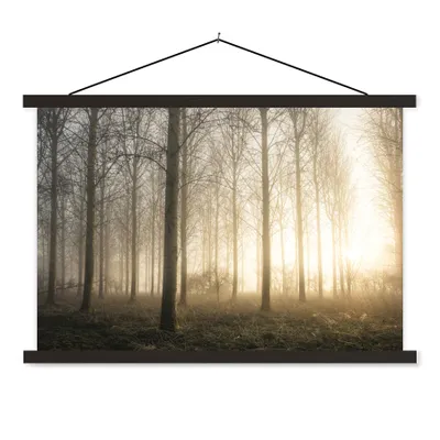 Produktbild von MuchoWow® Textilposter Wald - Sonne - Nebel 90x60 cm mit schwarzem Rahmen - Aufhängungssatz