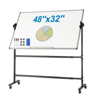 Zdjęcie produktu dla Ruchoma tablica magnetyczna - 48'' x 32'' - Obracana o 360° - Regulowana wysokość - Tablica suchościeralna z kółkami i półką - Biały