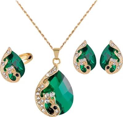 Produktbild von Schmuckset, Strass-Intarsien, Temperament-Legierung, exquisite Wassertropfen-Anhänger, Ohrringe, Ring zum Jahrestag-Grün